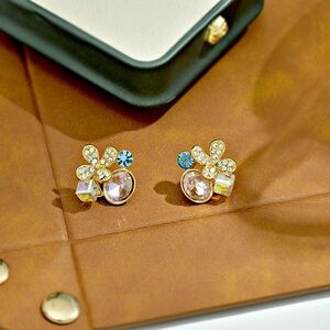 Gold Floral Cluster Earrings with Pink and Blue Crystal Accents